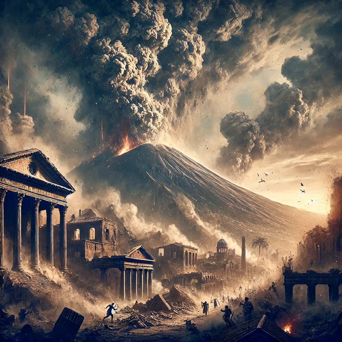 Dramatic volcanic eruption with lava and ash cloud under a dark sky.
