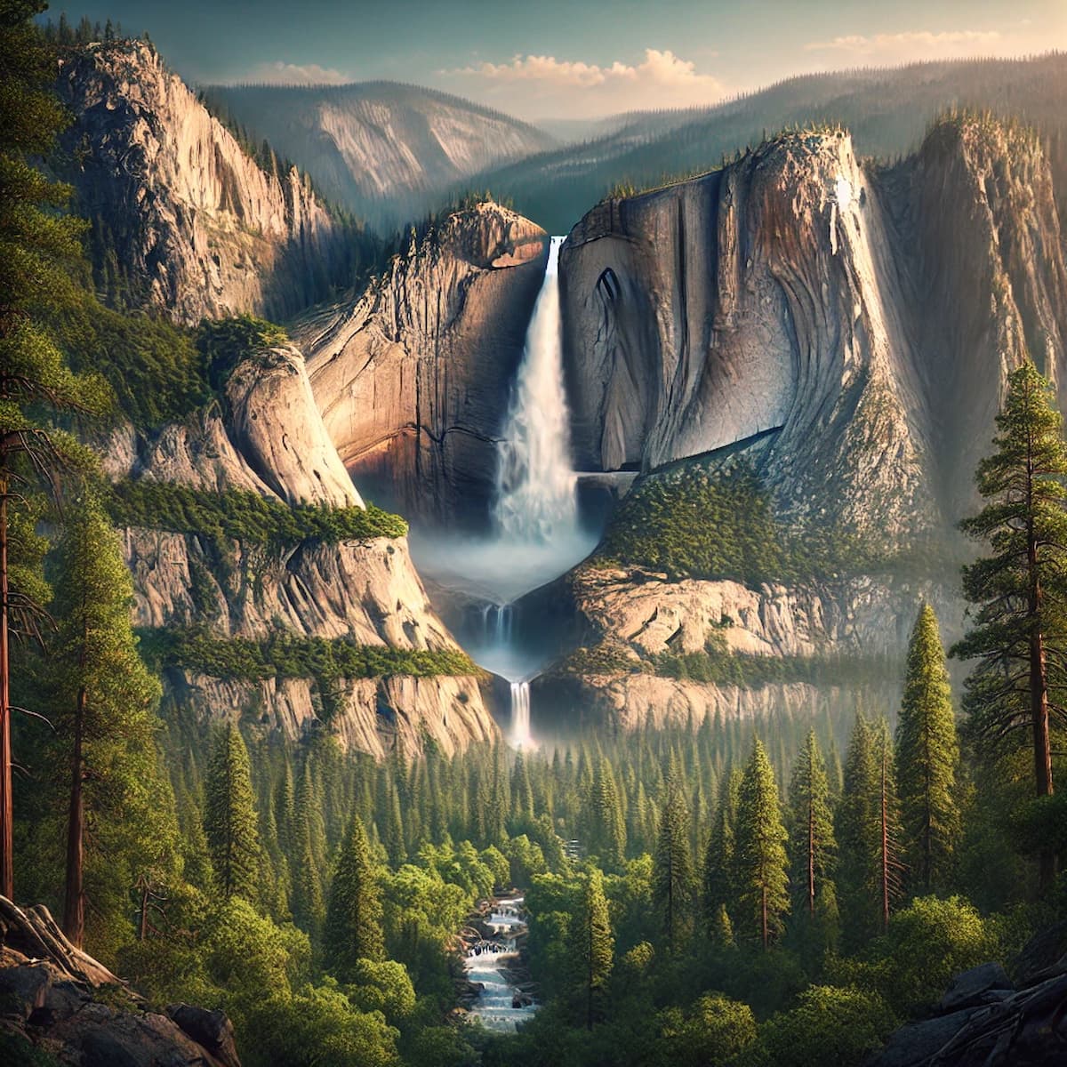 Bridalveil Fall in Yosemite Valley, with mist rising.