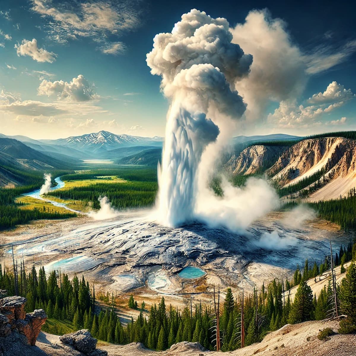 Travertine terraces of Mammoth Hot Springs with steam rising.