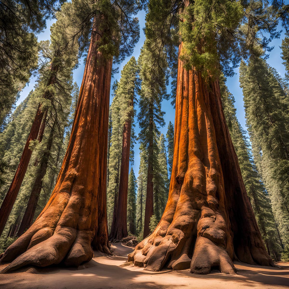 Massive base of the General Sherman Tree with people nearby for scale.