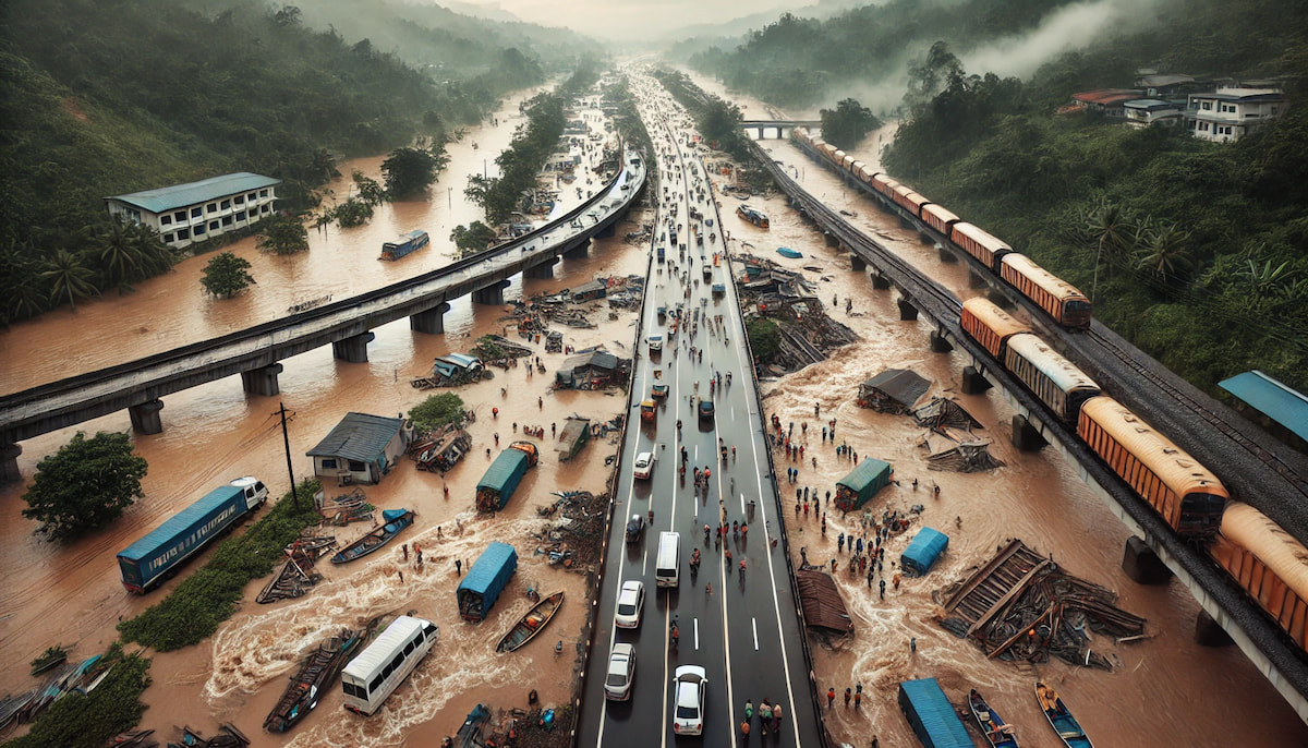 Flooded street with damaged buildings and debris after a tropical storm.