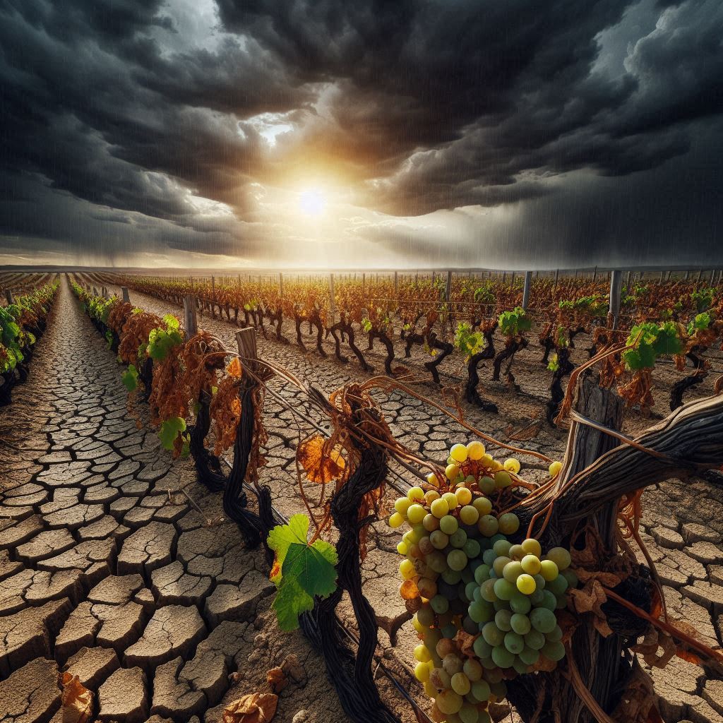 Sun setting over rolling hills covered in vineyards.