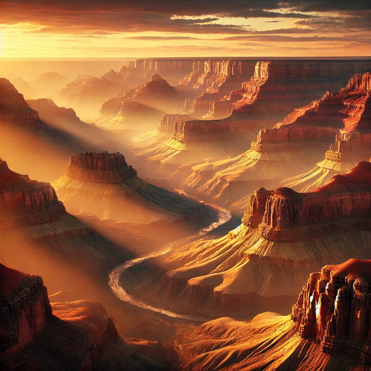 Sunset view over the Grand Canyon, highlighting the dramatic colors and shadows.